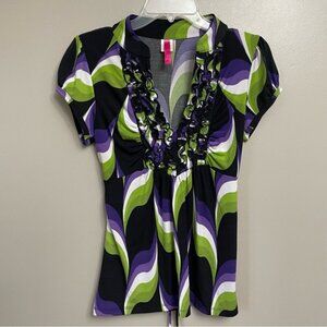 Vintage Y2K geometric  Ruffled Neck Top green purple tie back Medium cap sleeve